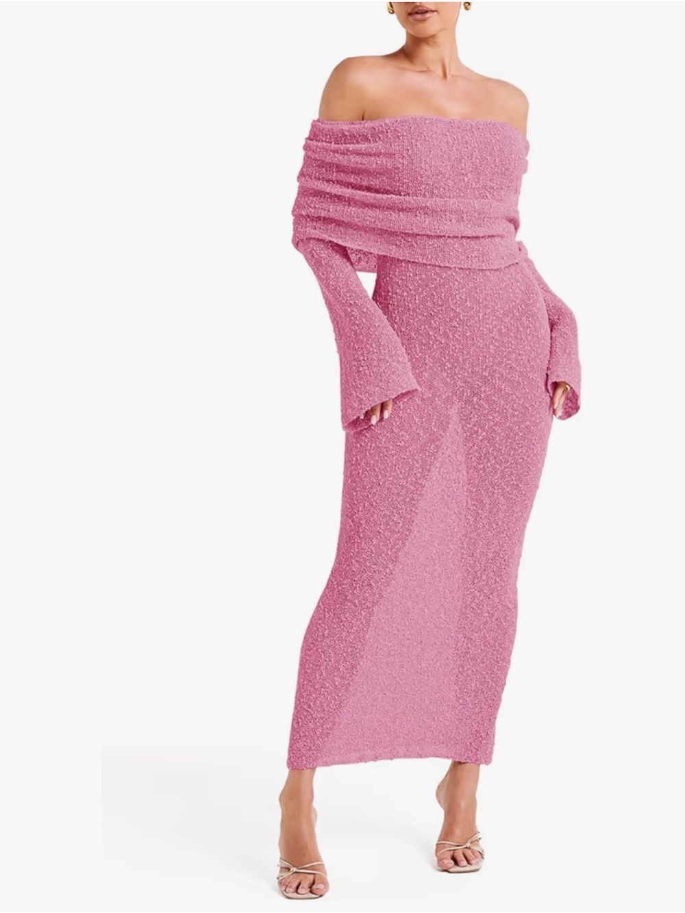 Off-Shoulder Pink Knit Maxi Dress